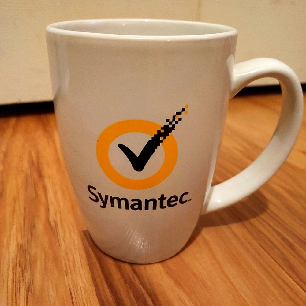 Vintage Symantec Technologies  14oz Coffee White Mug Cup Check Mark Logo